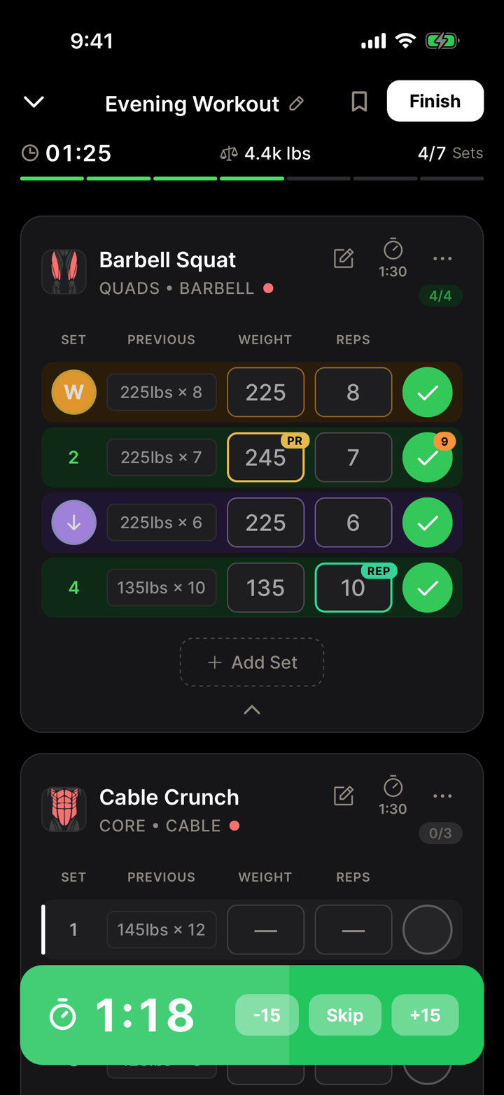 Active workout with rest timer and inline set logging