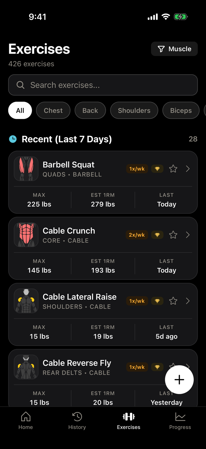 Exercise library with muscle maps and personal stats