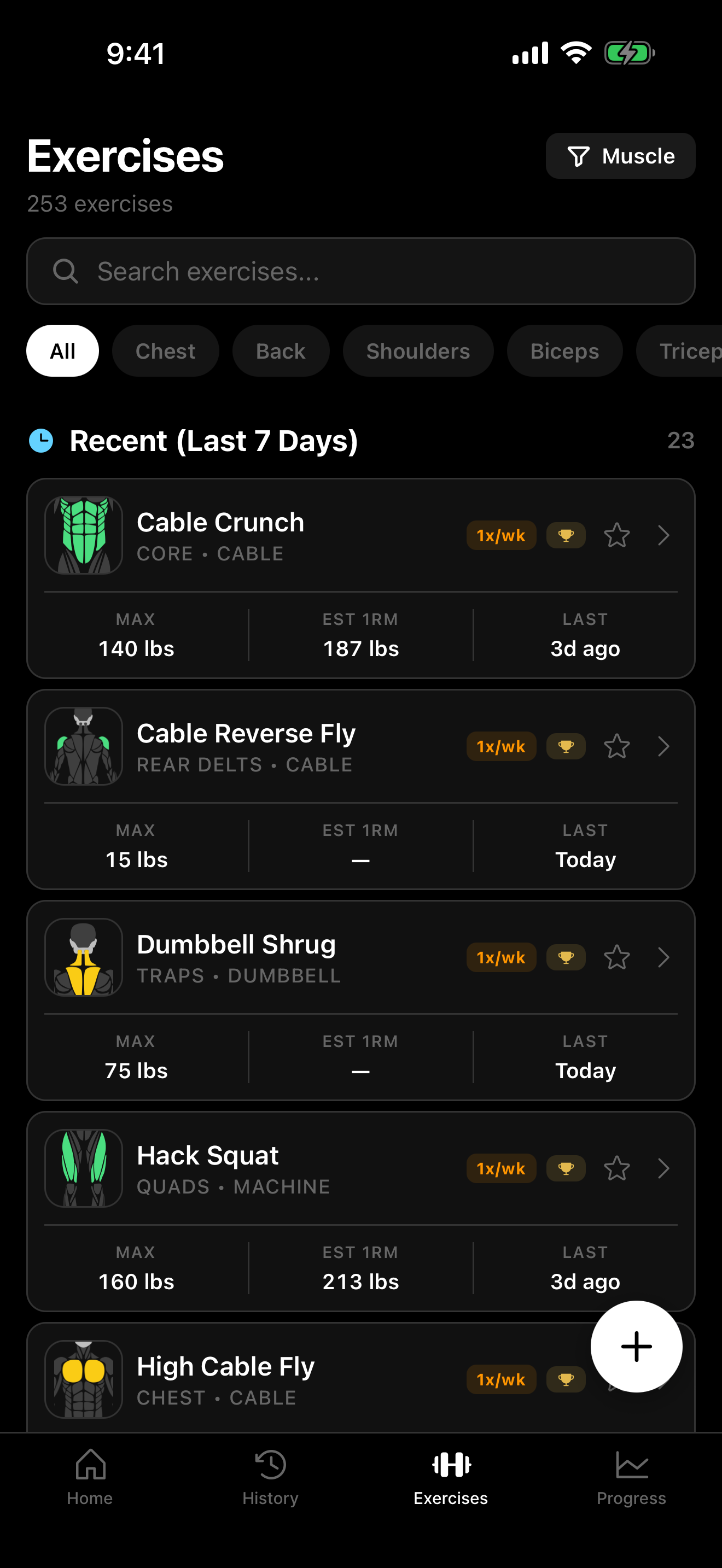 Exercise library with muscle maps and personal stats